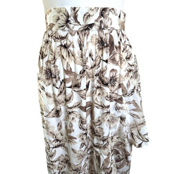 J Jill Creme Brown Floral Skirt Size Medium Hi Low Midi Faux Wrap Elastic Waist - Picture 5 of 15